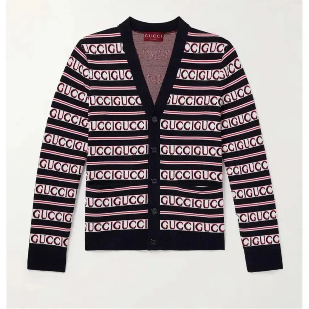 Gucci logo, cotton jacquard cardigan in ink, red and white size XL